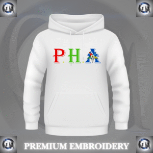 Custom OES hoodie with embroidered PHA letters and colorful Order of Eastern Star emblem on the front.