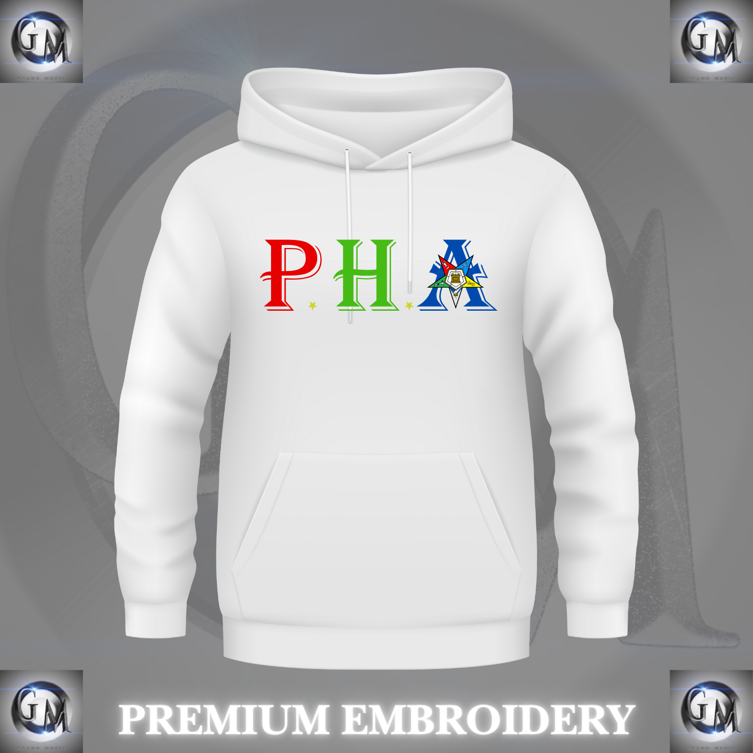 Custom OES hoodie with embroidered PHA letters and colorful Order of Eastern Star emblem on the front.